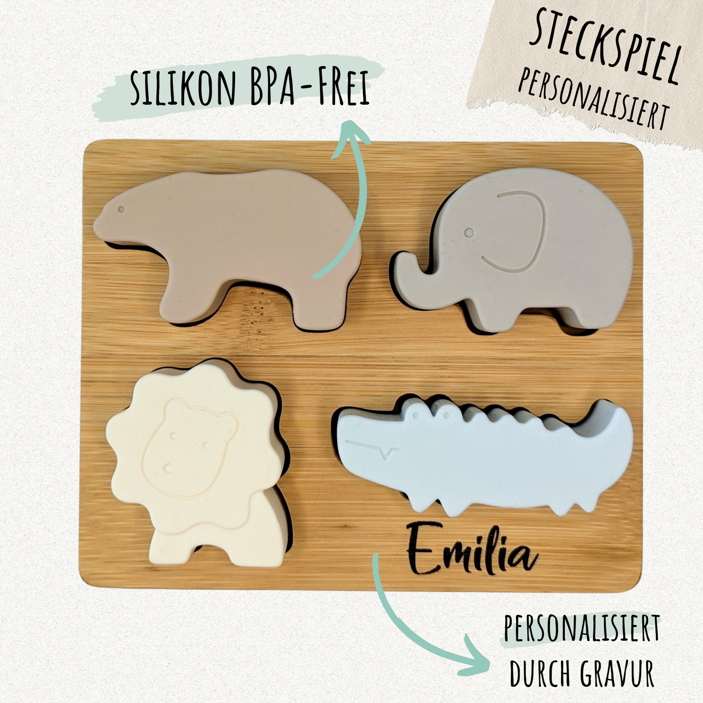 Personalisiertes Montessori Puzzle aus Silikon und Holz